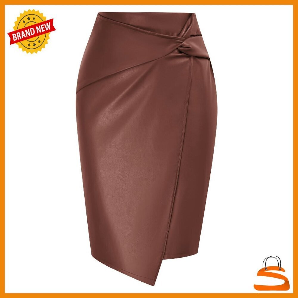 Faux Leather High Waist Wrap Pencil Skirt Business Casual Midi